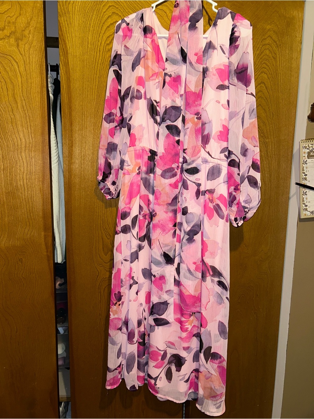 Anne Klein Pink Purple Floral Chiffon Ruffle Smocked Lined Midi Dress Size M